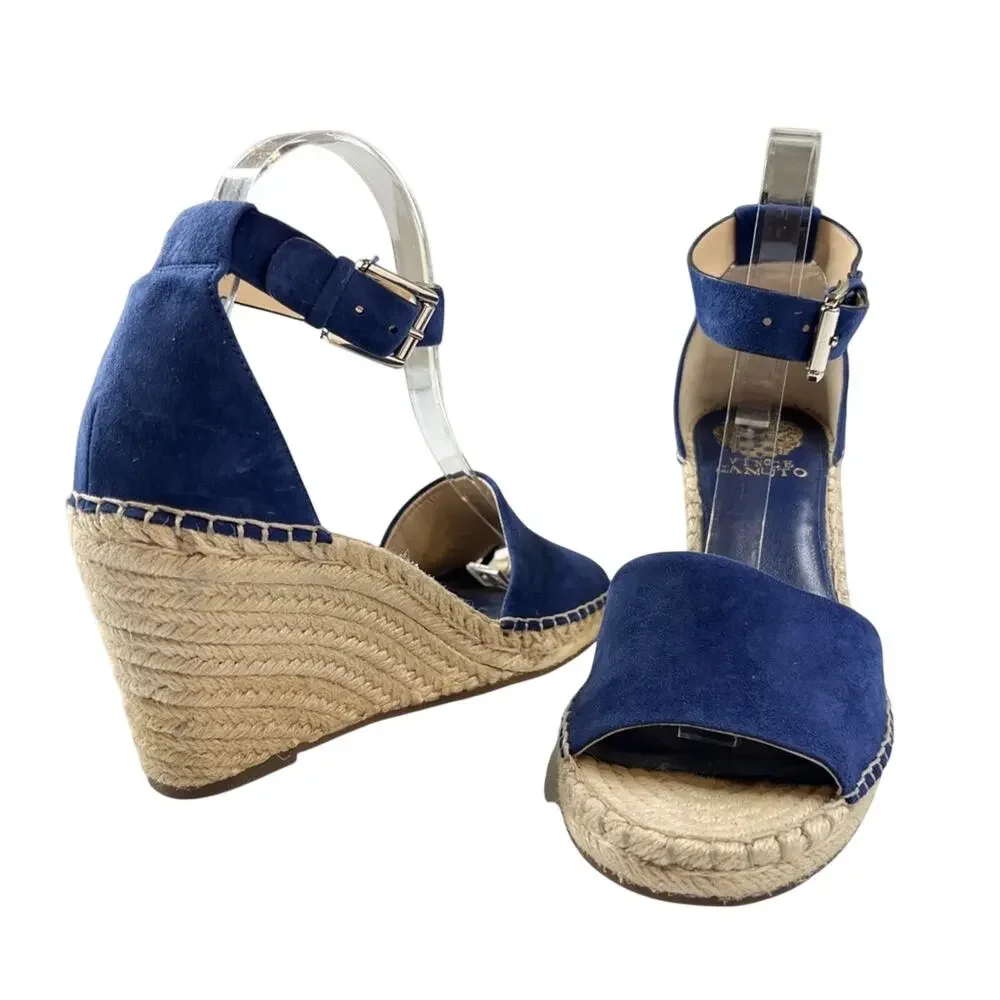 Vince Camuto Leera Wedge Sandals 8.5 Moody Blues Suede Jute Espadrille Boho